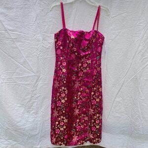 LULUS Bold Pink Floral Embroidered Cocktail Midi Dress - Size Medium